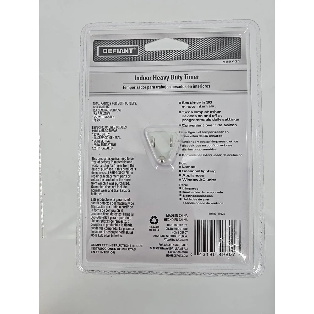 Defiant Indoor Plug-In Heavy Duty Mechanical Timer‎ 15A 125V 1875W 458431